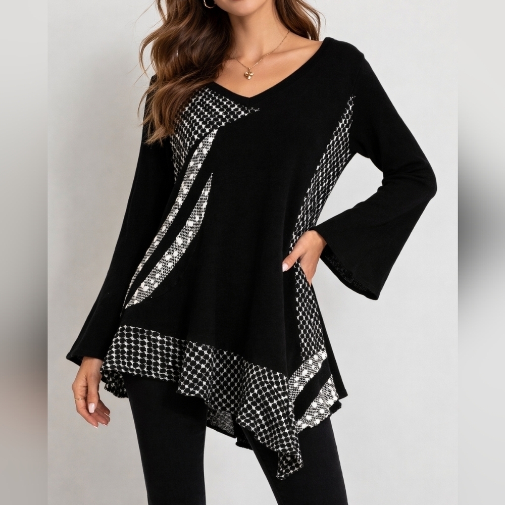 KAMANA Black and White Patchwork Assymetric V-neck Bell Sleeve Sweater